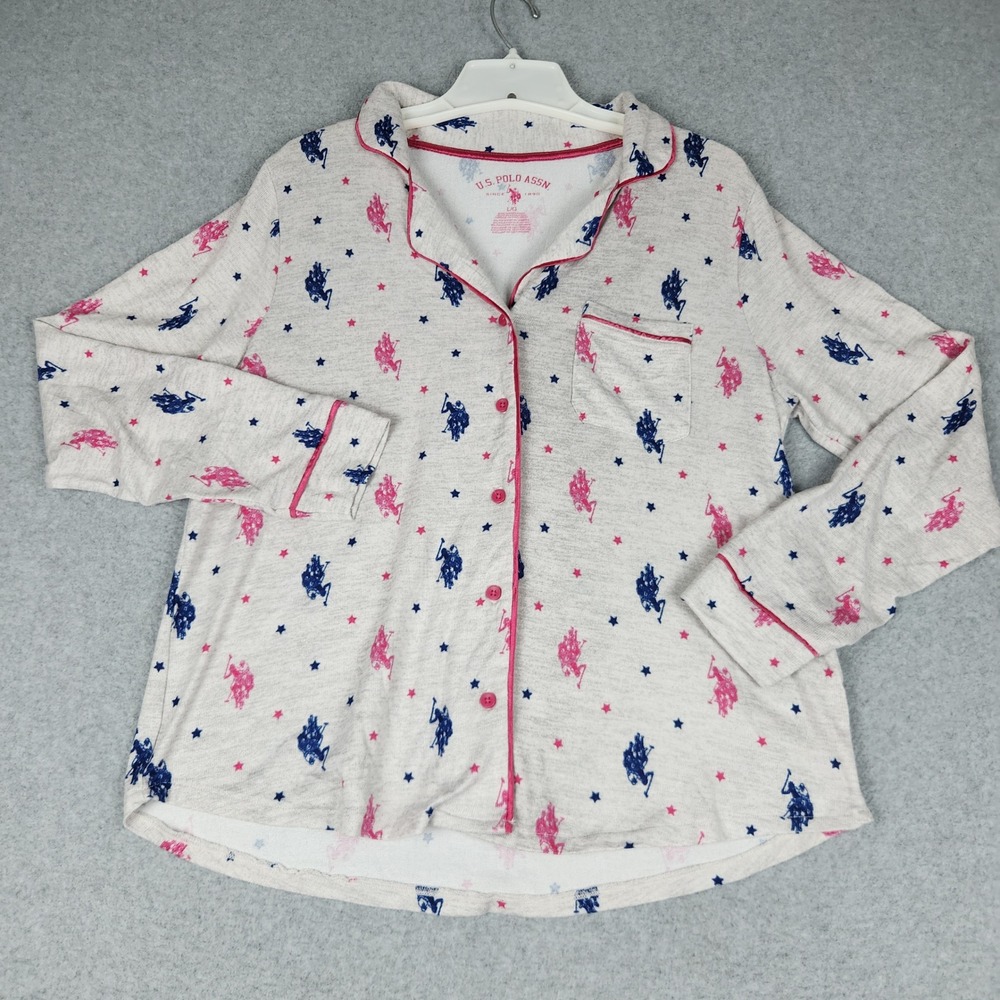 US Polo Assn Pajama Top Womens Large Gray Allover Logo Print Star Button Up